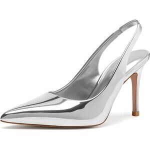 HeelChic Womens Size 6.5 Silver Mirror Slingback 4" Heel Pointy Toe Pumps Shoes